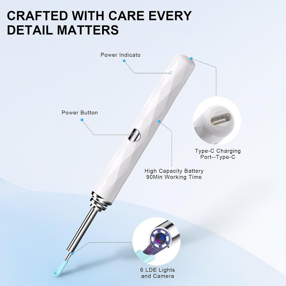 High-Definition Ear Wax Removal, Wireless Ear Cleaner, Safe and Gentle Ear Wax Removal Kit, Rechargeable Ear Cleaner with Camera and Light, Ear Cleaning Kit for Android and Ios (White)