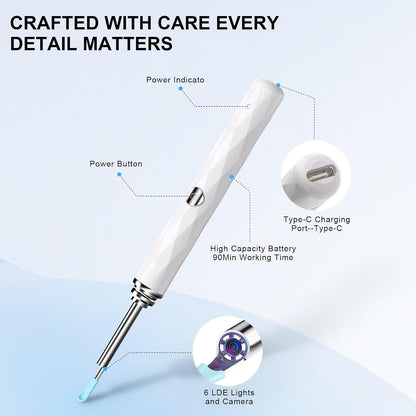 High-Definition Ear Wax Removal, Wireless Ear Cleaner, Safe and Gentle Ear Wax Removal Kit, Rechargeable Ear Cleaner with Camera and Light, Ear Cleaning Kit for Android and Ios (White)