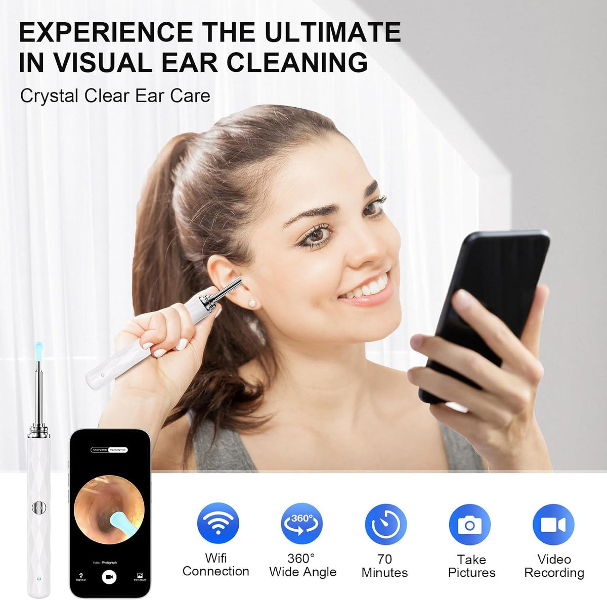 High-Definition Ear Wax Removal, Wireless Ear Cleaner, Safe and Gentle Ear Wax Removal Kit, Rechargeable Ear Cleaner with Camera and Light, Ear Cleaning Kit for Android and Ios (White)